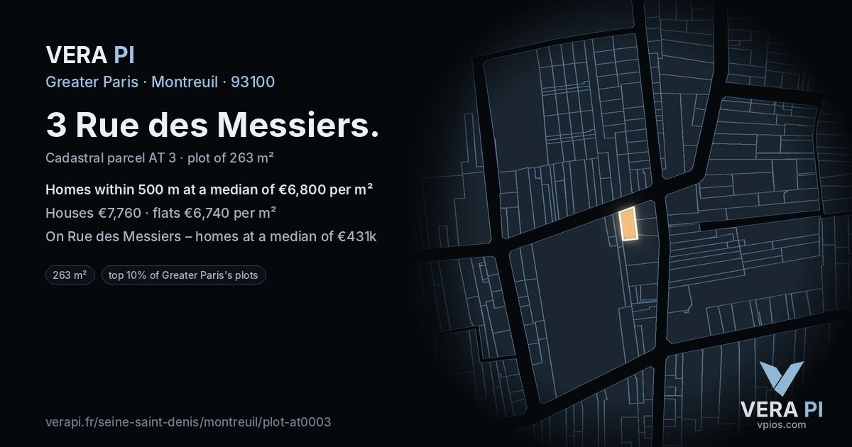 3 Rue des Messiers, Montreuil at night – the plot lit, the parcels around coloured by the prices near them