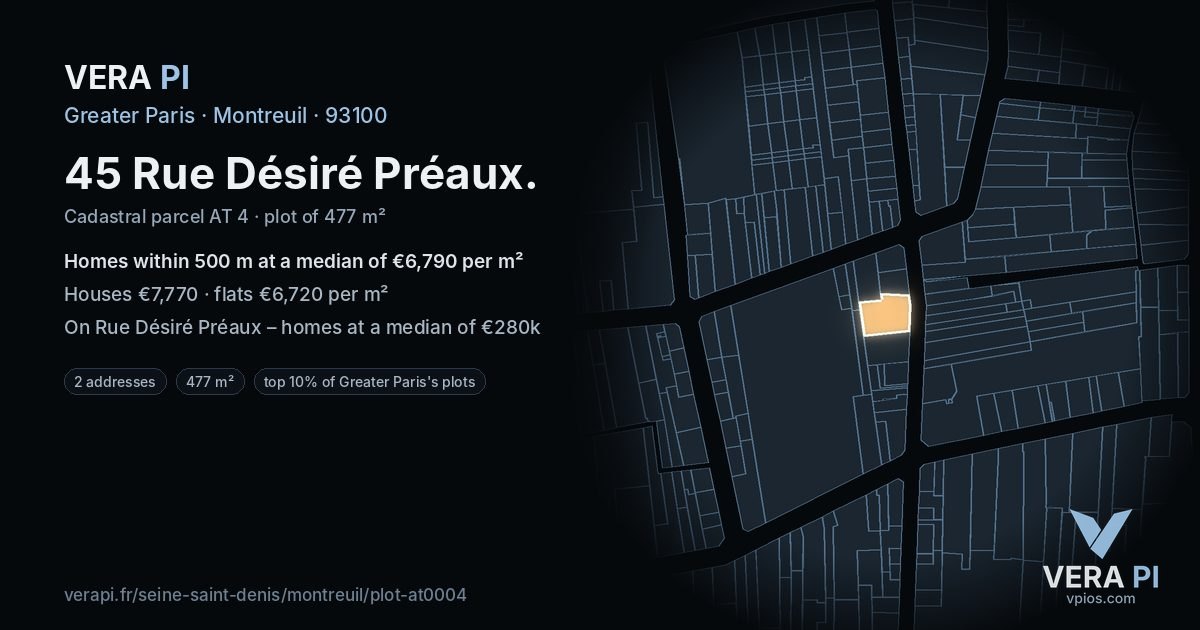 45 Rue Désiré Préaux, Montreuil at night – the plot lit, the parcels around coloured by the prices near them