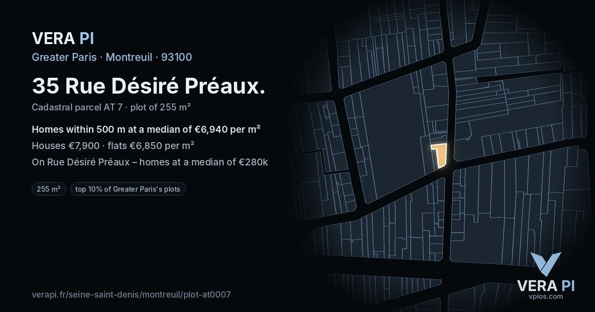 35 Rue Désiré Préaux, Montreuil at night – the plot lit, the parcels around coloured by the prices near them