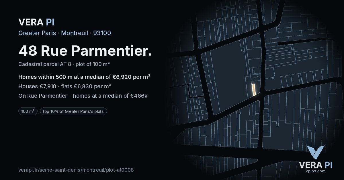 48 Rue Parmentier, Montreuil at night – the plot lit, the parcels around coloured by the prices near them