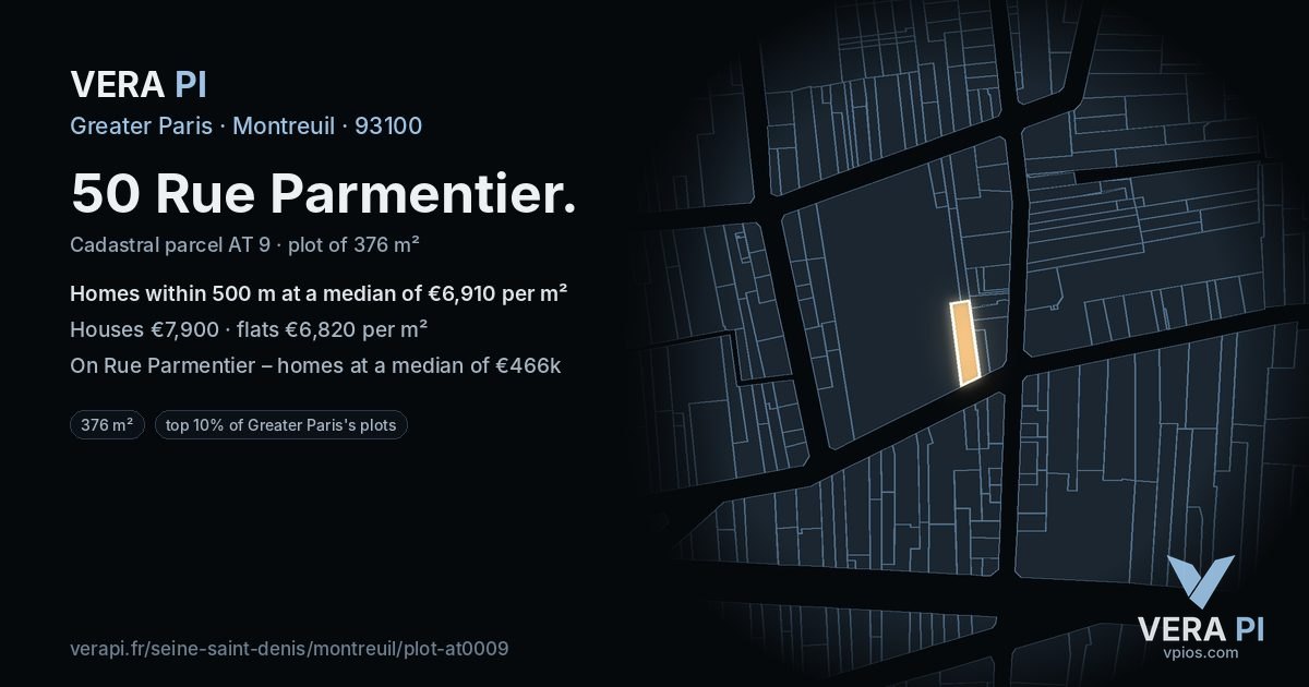 50 Rue Parmentier, Montreuil at night – the plot lit, the parcels around coloured by the prices near them
