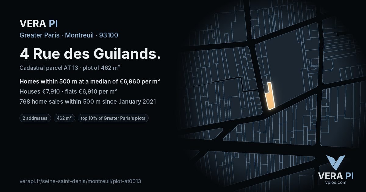 4 Rue des Guilands, Montreuil at night – the plot lit, the parcels around coloured by the prices near them