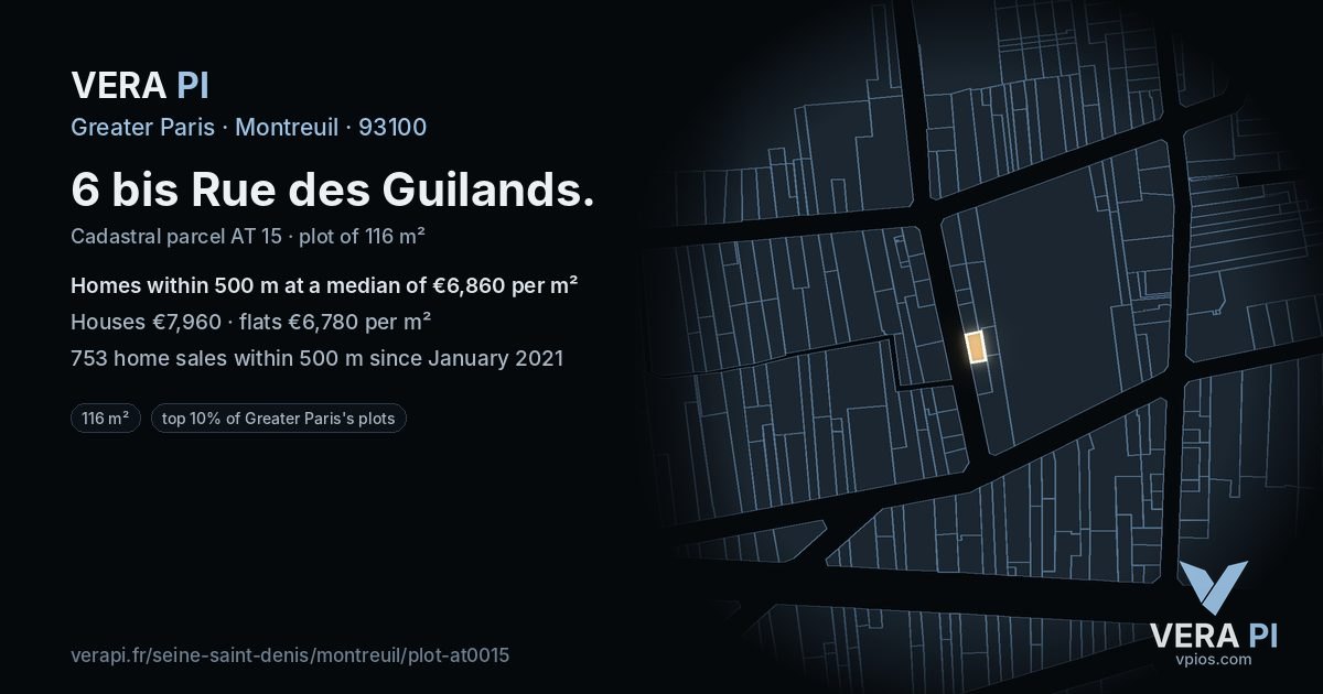 6 bis Rue des Guilands, Montreuil at night – the plot lit, the parcels around coloured by the prices near them
