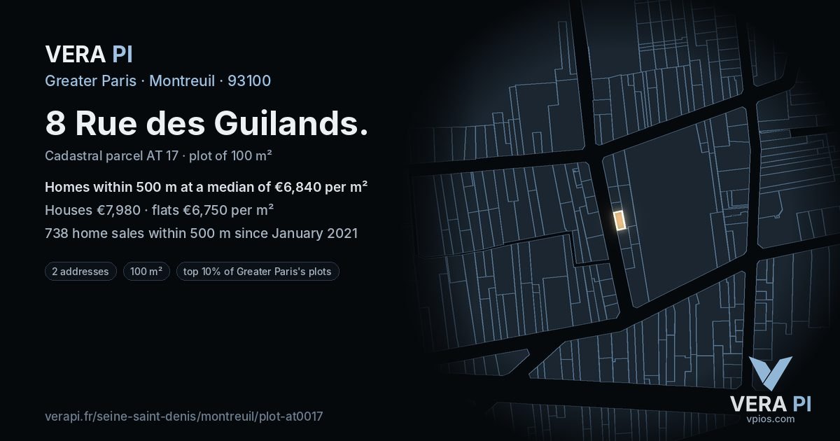 8 Rue des Guilands, Montreuil at night – the plot lit, the parcels around coloured by the prices near them