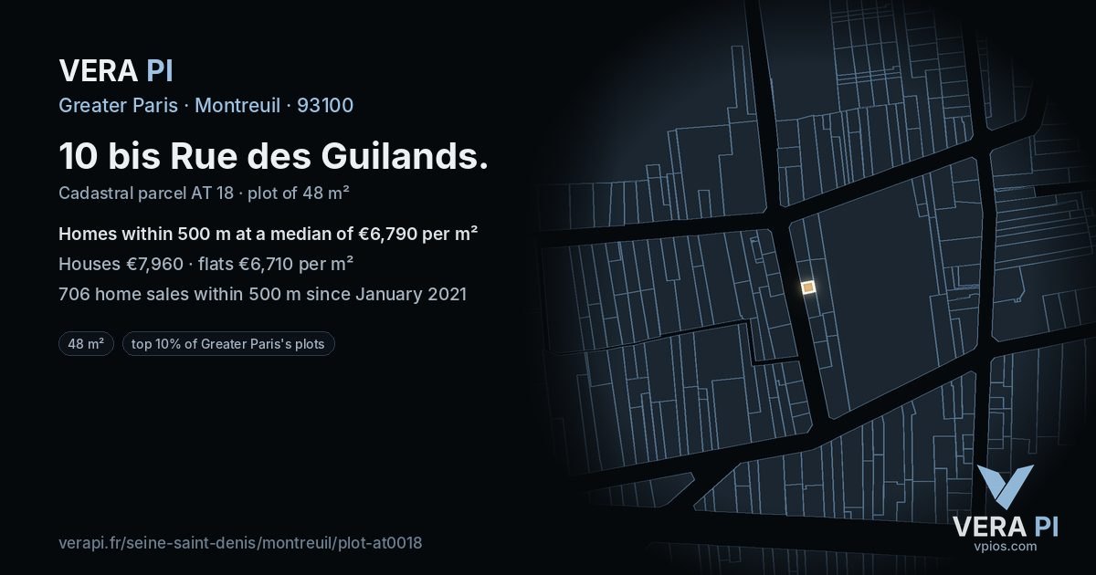 10 bis Rue des Guilands, Montreuil at night – the plot lit, the parcels around coloured by the prices near them