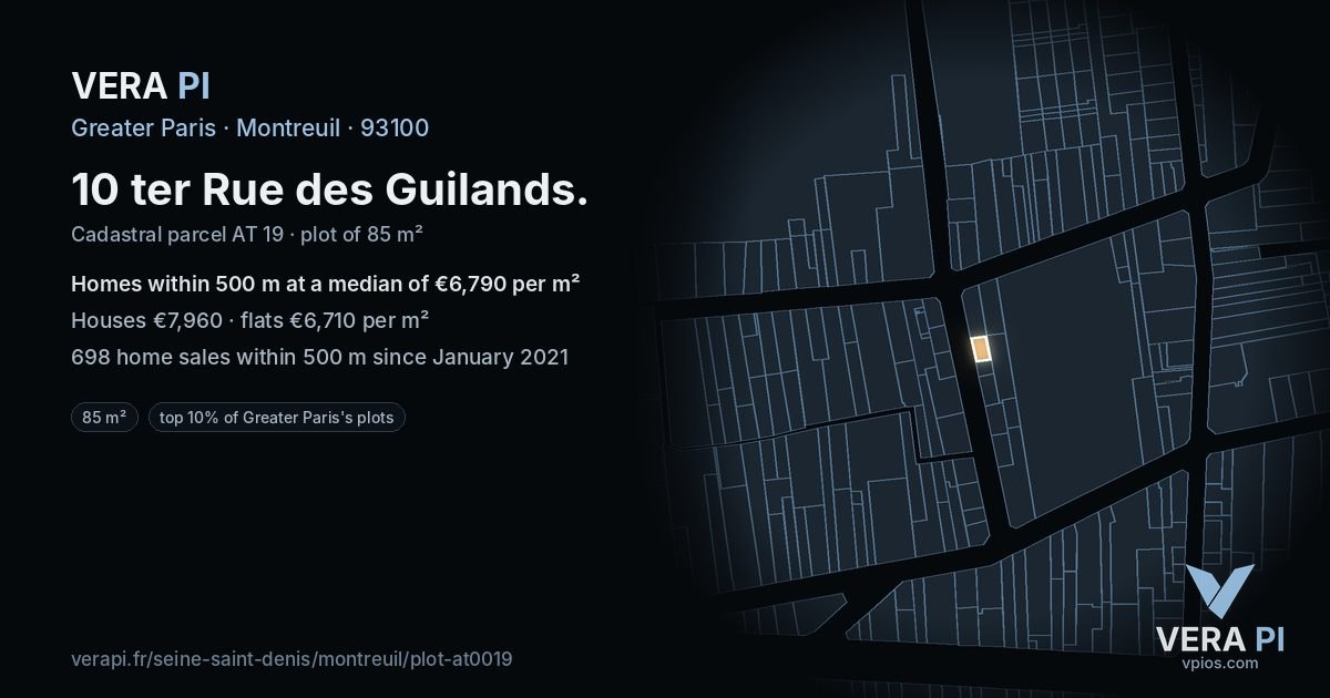 10 ter Rue des Guilands, Montreuil at night – the plot lit, the parcels around coloured by the prices near them