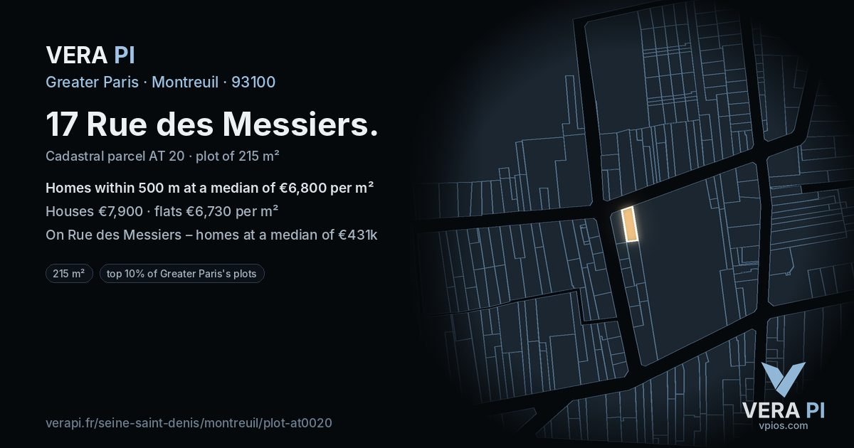 17 Rue des Messiers, Montreuil at night – the plot lit, the parcels around coloured by the prices near them