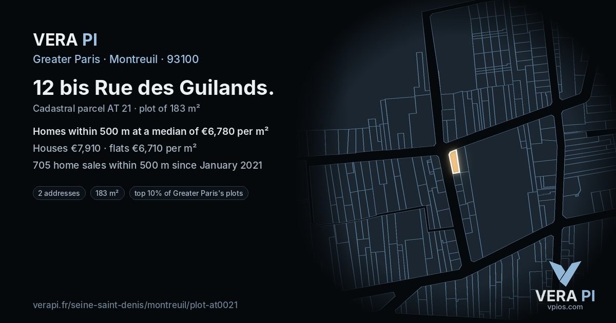 12 bis Rue des Guilands, Montreuil at night – the plot lit, the parcels around coloured by the prices near them