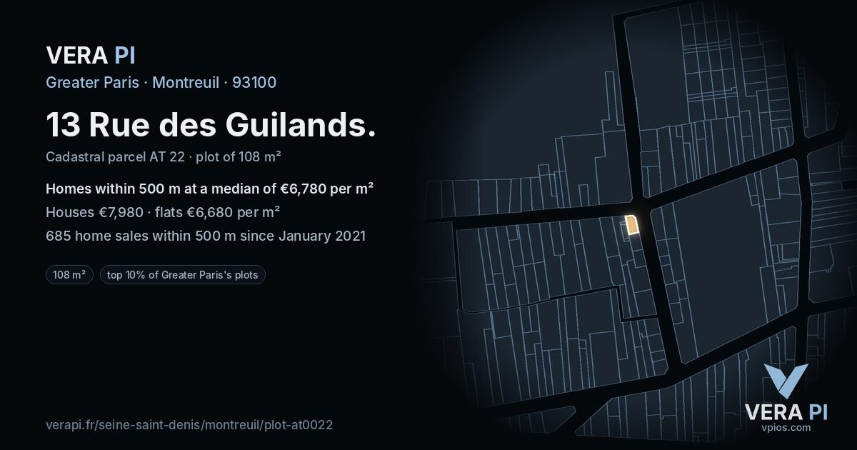 13 Rue des Guilands, Montreuil at night – the plot lit, the parcels around coloured by the prices near them