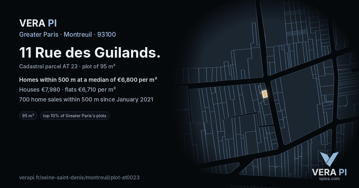 11 Rue des Guilands, Montreuil at night – the plot lit, the parcels around coloured by the prices near them