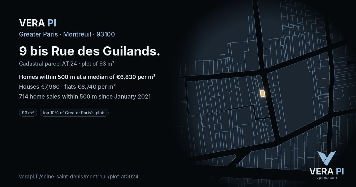 9 bis Rue des Guilands, Montreuil at night – the plot lit, the parcels around coloured by the prices near them
