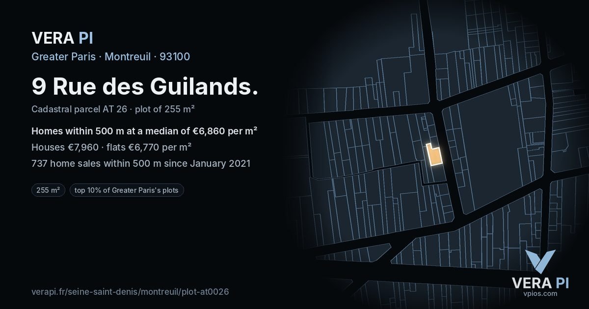 9 Rue des Guilands, Montreuil at night – the plot lit, the parcels around coloured by the prices near them