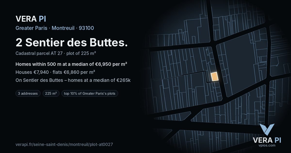 2 Sentier des Buttes, Montreuil at night – the plot lit, the parcels around coloured by the prices near them