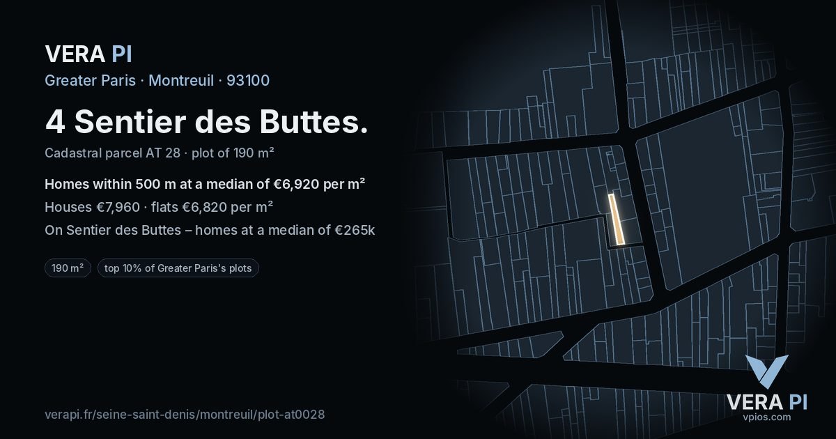 4 Sentier des Buttes, Montreuil at night – the plot lit, the parcels around coloured by the prices near them