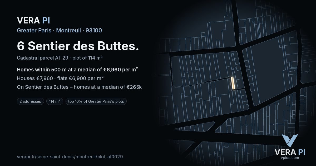 6 Sentier des Buttes, Montreuil at night – the plot lit, the parcels around coloured by the prices near them
