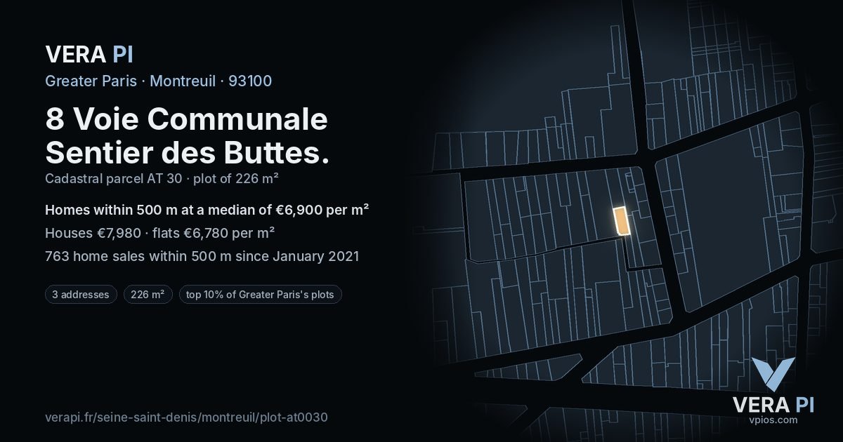 8 Voie Communale Sentier des Buttes, Montreuil at night – the plot lit, the parcels around coloured by the prices near them
