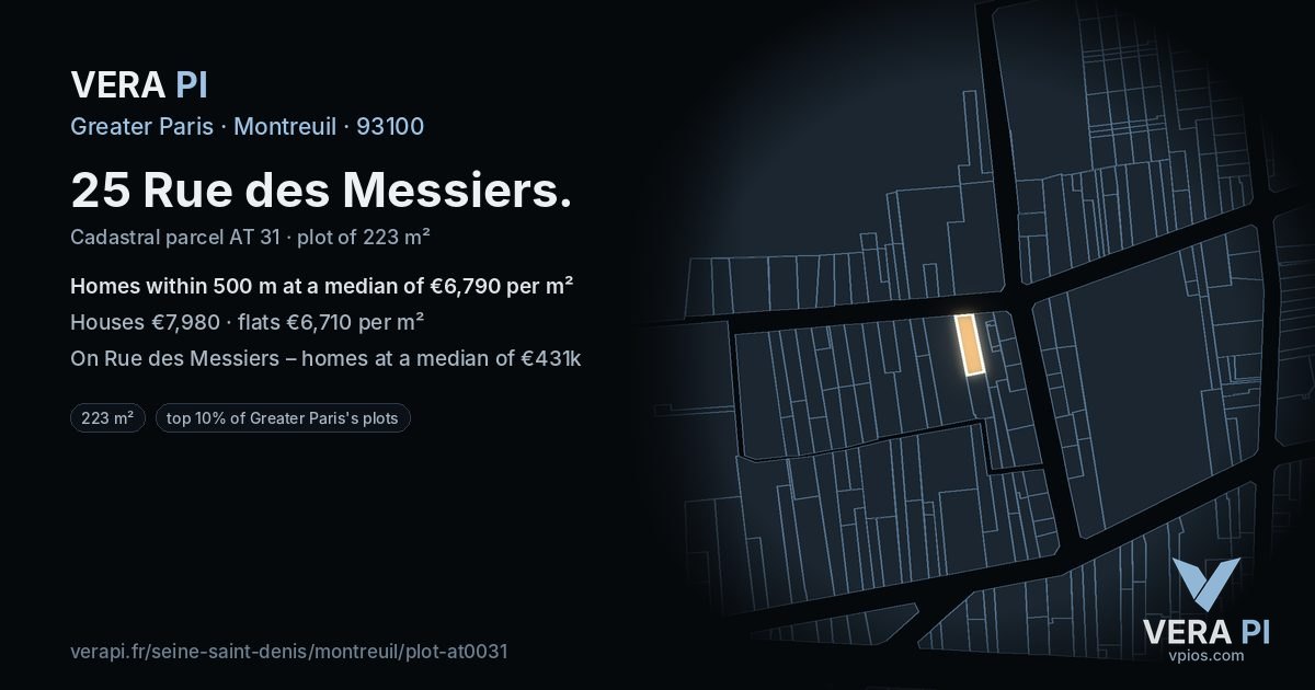 25 Rue des Messiers, Montreuil at night – the plot lit, the parcels around coloured by the prices near them