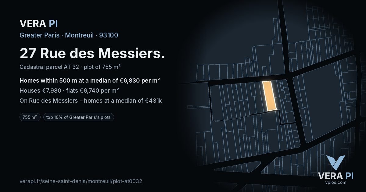 27 Rue des Messiers, Montreuil at night – the plot lit, the parcels around coloured by the prices near them