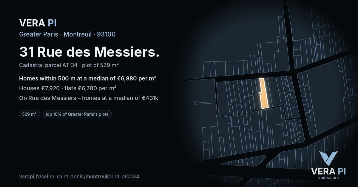 31 Rue des Messiers, Montreuil at night – the plot lit, the parcels around coloured by the prices near them