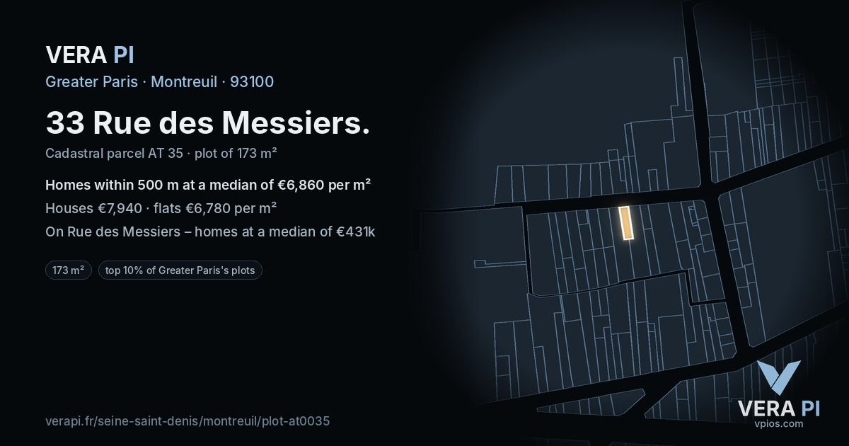 33 Rue des Messiers, Montreuil at night – the plot lit, the parcels around coloured by the prices near them