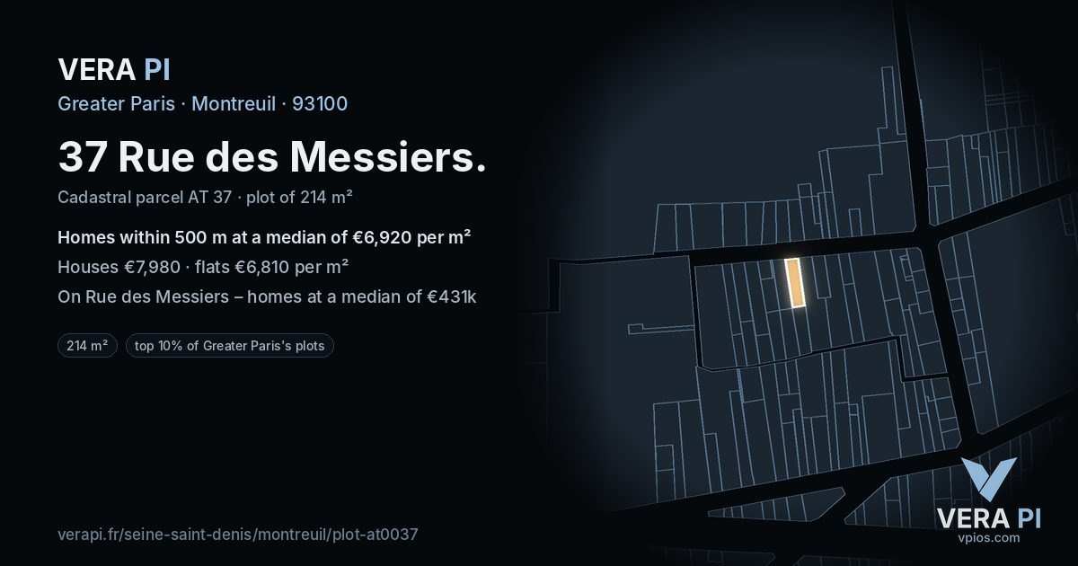 37 Rue des Messiers, Montreuil at night – the plot lit, the parcels around coloured by the prices near them
