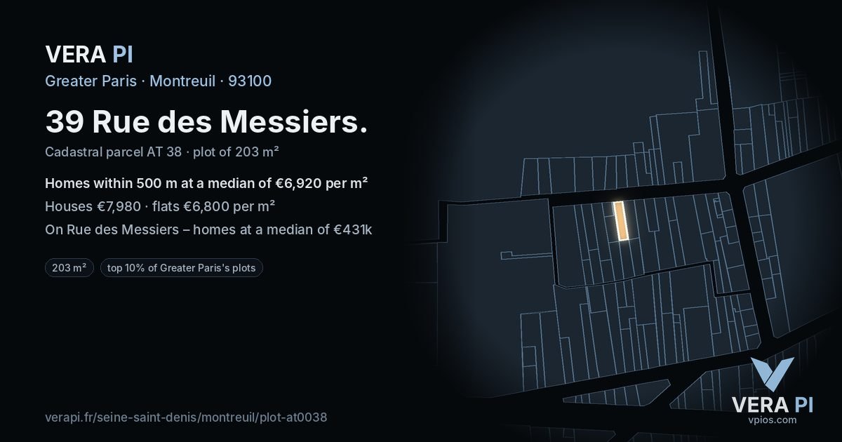 39 Rue des Messiers, Montreuil at night – the plot lit, the parcels around coloured by the prices near them