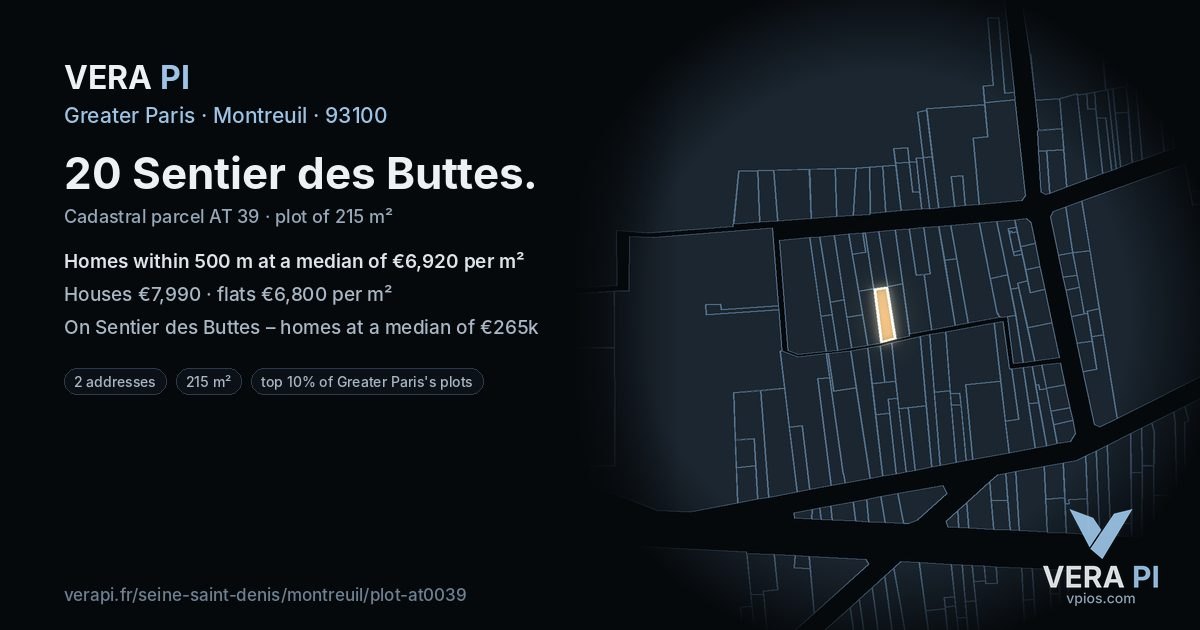 20 Sentier des Buttes, Montreuil at night – the plot lit, the parcels around coloured by the prices near them