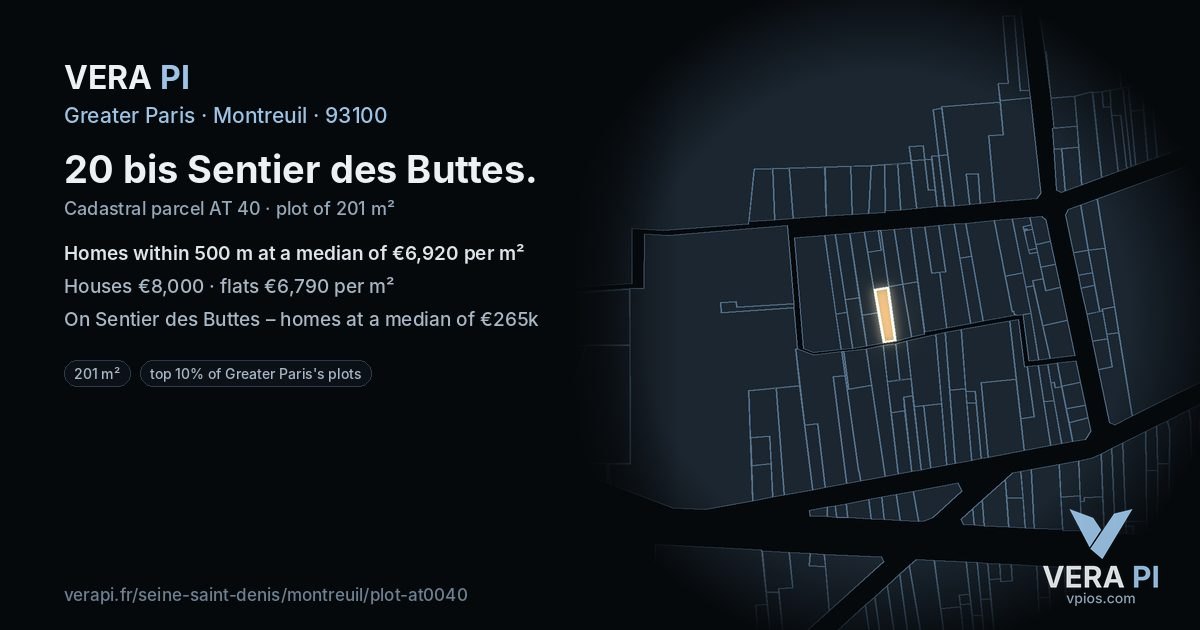 20 bis Sentier des Buttes, Montreuil at night – the plot lit, the parcels around coloured by the prices near them