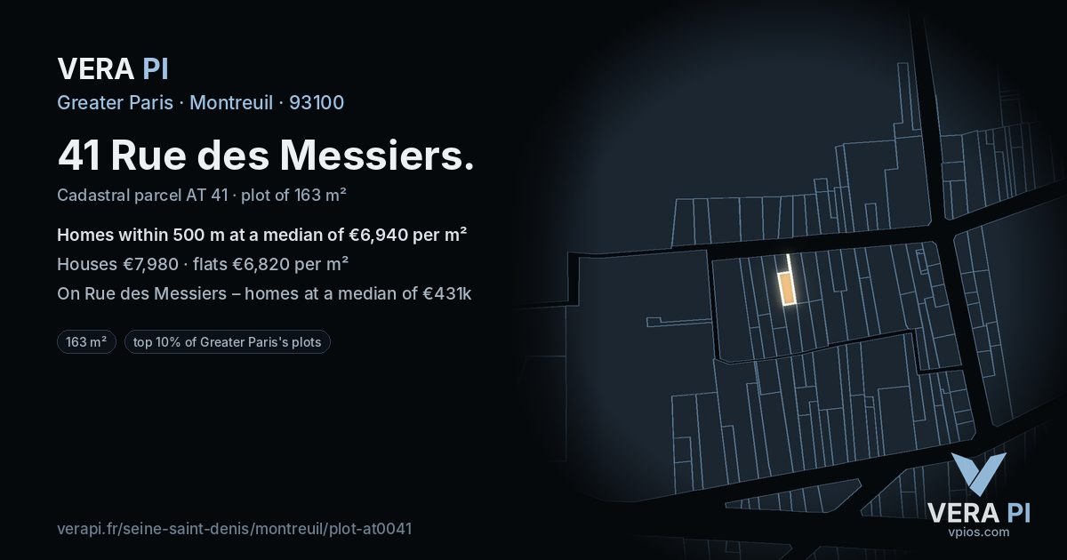 41 Rue des Messiers, Montreuil at night – the plot lit, the parcels around coloured by the prices near them