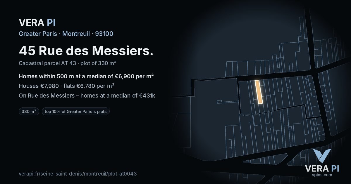 45 Rue des Messiers, Montreuil at night – the plot lit, the parcels around coloured by the prices near them