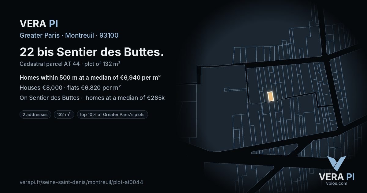 22 bis Sentier des Buttes, Montreuil at night – the plot lit, the parcels around coloured by the prices near them