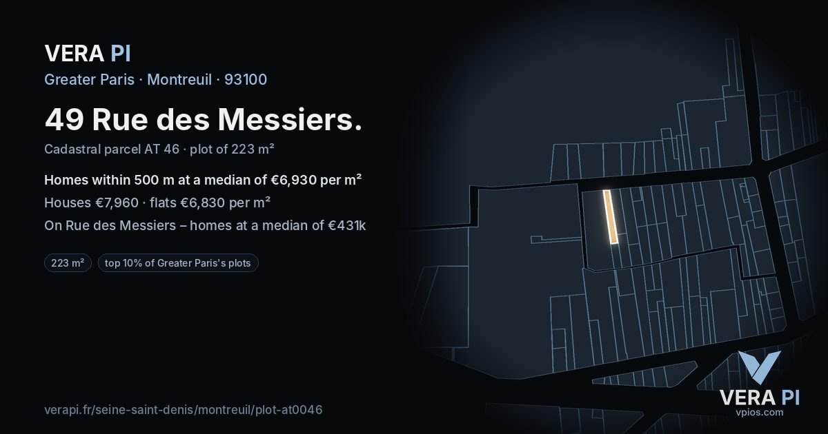 49 Rue des Messiers, Montreuil at night – the plot lit, the parcels around coloured by the prices near them