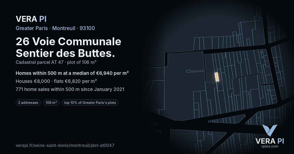 26 Voie Communale Sentier des Buttes, Montreuil at night – the plot lit, the parcels around coloured by the prices near them
