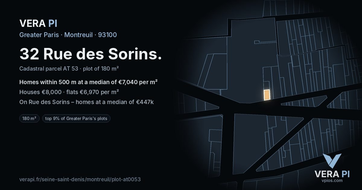 32 Rue des Sorins, Montreuil at night – the plot lit, the parcels around coloured by the prices near them