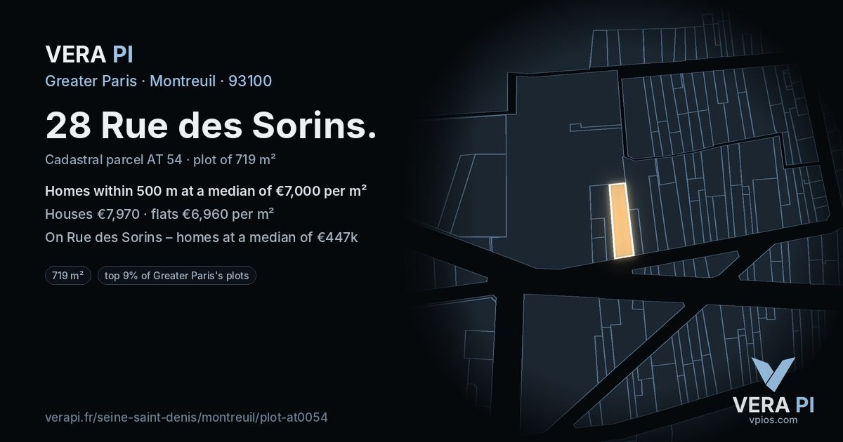 28 Rue des Sorins, Montreuil at night – the plot lit, the parcels around coloured by the prices near them