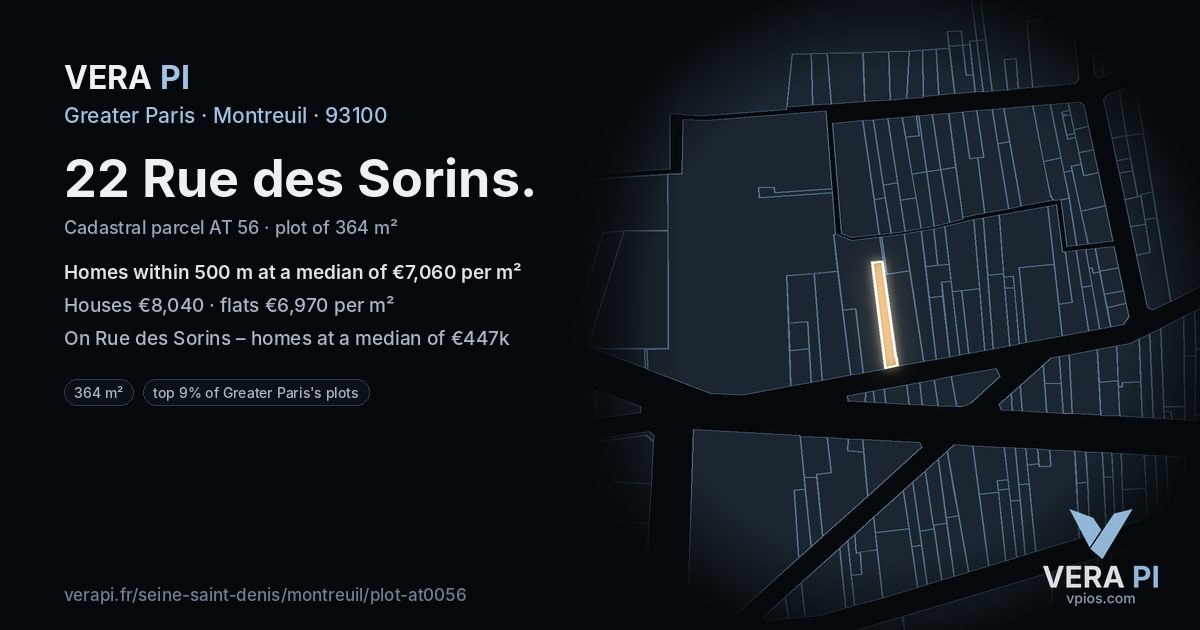 22 Rue des Sorins, Montreuil at night – the plot lit, the parcels around coloured by the prices near them