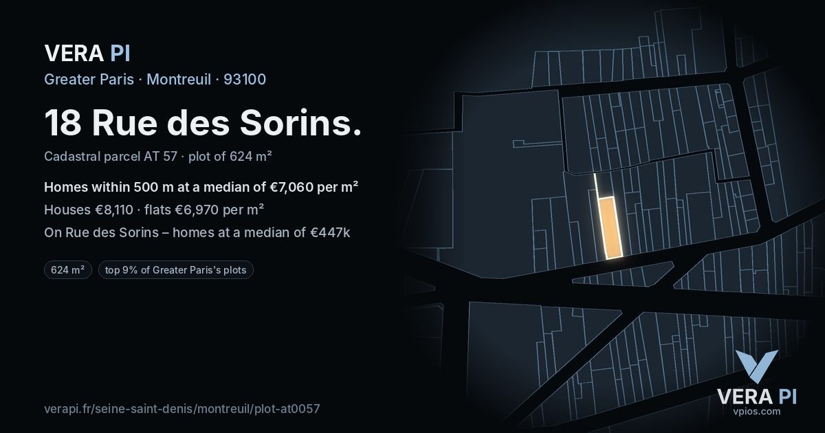 18 Rue des Sorins, Montreuil at night – the plot lit, the parcels around coloured by the prices near them
