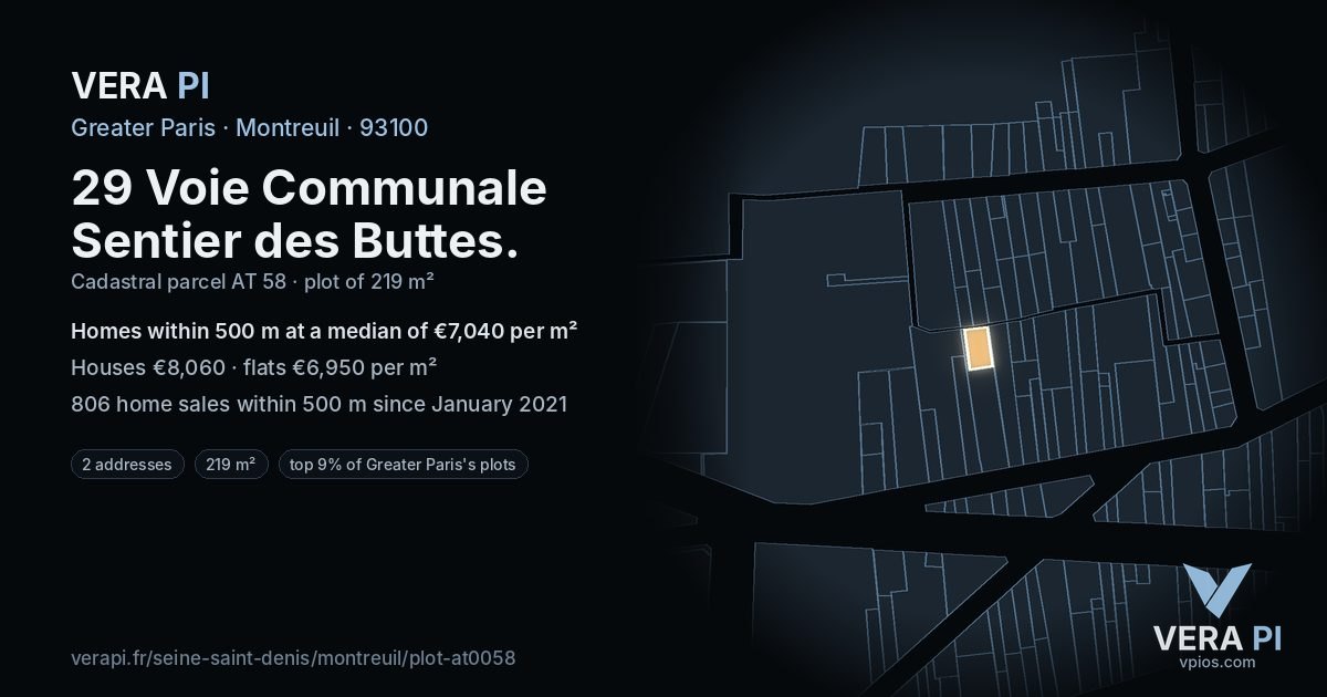 29 Voie Communale Sentier des Buttes, Montreuil at night – the plot lit, the parcels around coloured by the prices near them
