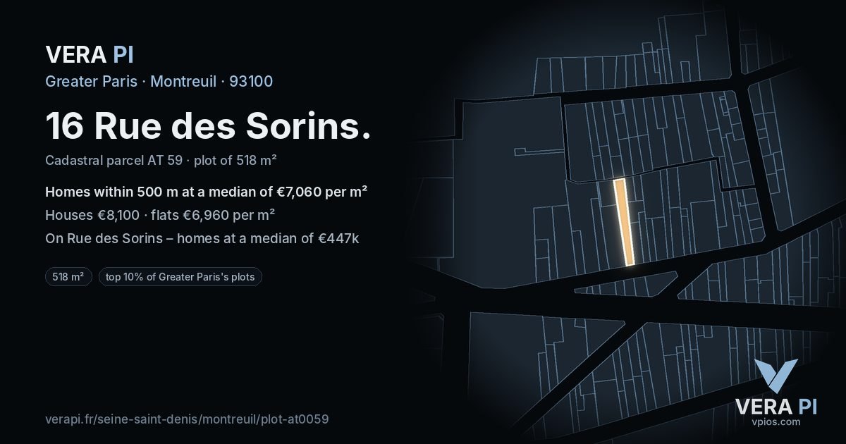 16 Rue des Sorins, Montreuil at night – the plot lit, the parcels around coloured by the prices near them