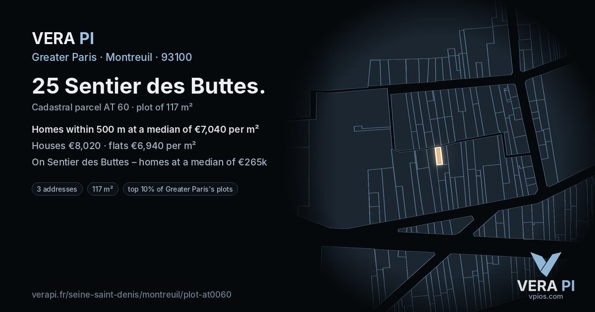 25 Sentier des Buttes, Montreuil at night – the plot lit, the parcels around coloured by the prices near them