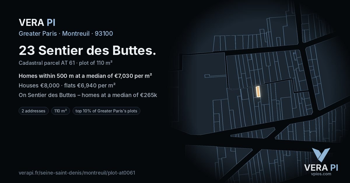 23 Sentier des Buttes, Montreuil at night – the plot lit, the parcels around coloured by the prices near them