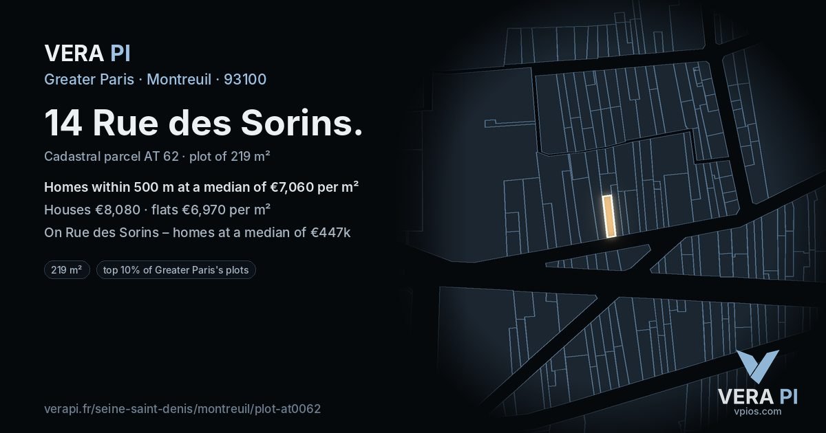 14 Rue des Sorins, Montreuil at night – the plot lit, the parcels around coloured by the prices near them