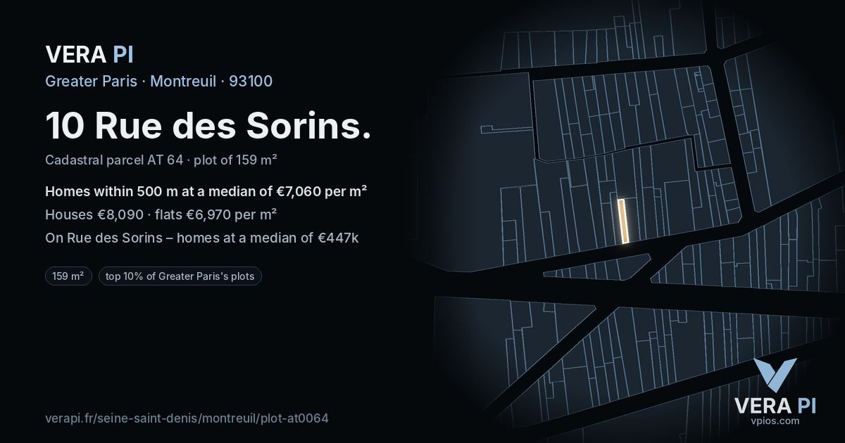 10 Rue des Sorins, Montreuil at night – the plot lit, the parcels around coloured by the prices near them
