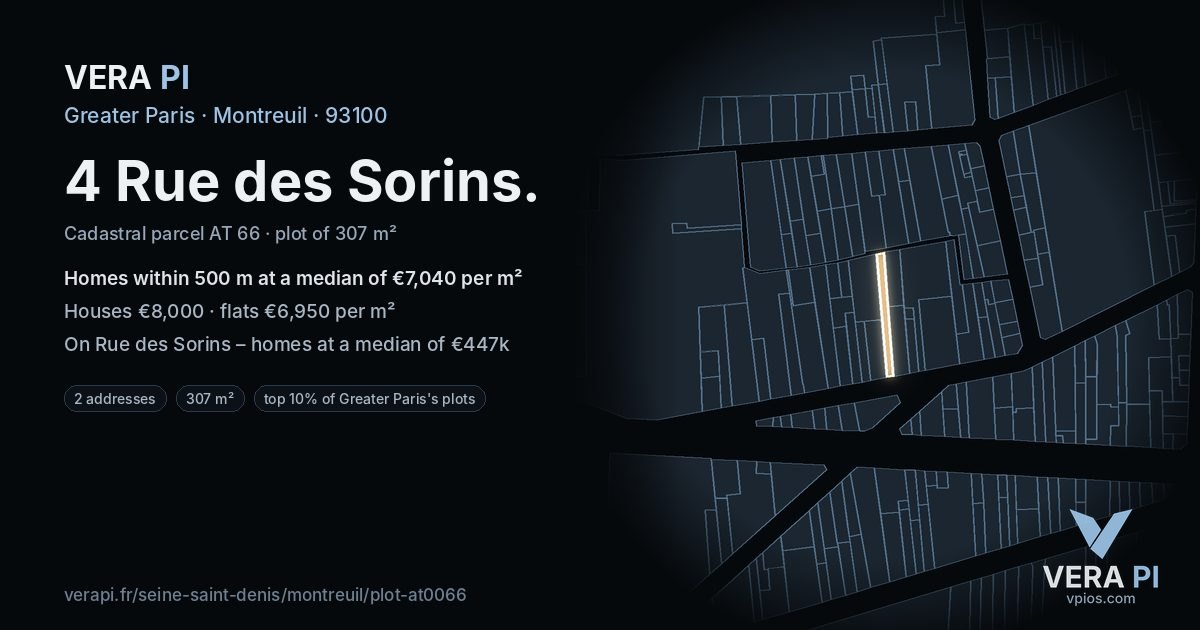 4 Rue des Sorins, Montreuil at night – the plot lit, the parcels around coloured by the prices near them