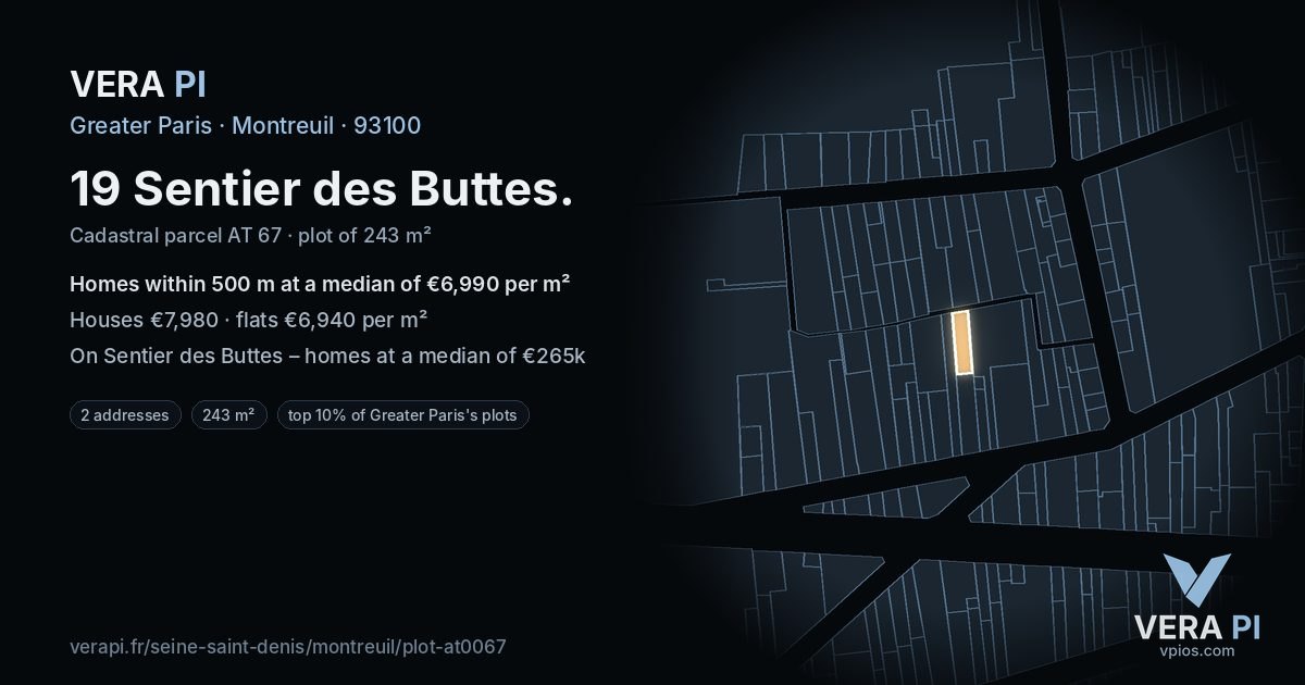 19 Sentier des Buttes, Montreuil at night – the plot lit, the parcels around coloured by the prices near them