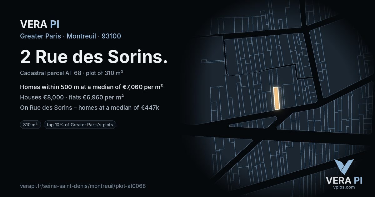 2 Rue des Sorins, Montreuil at night – the plot lit, the parcels around coloured by the prices near them