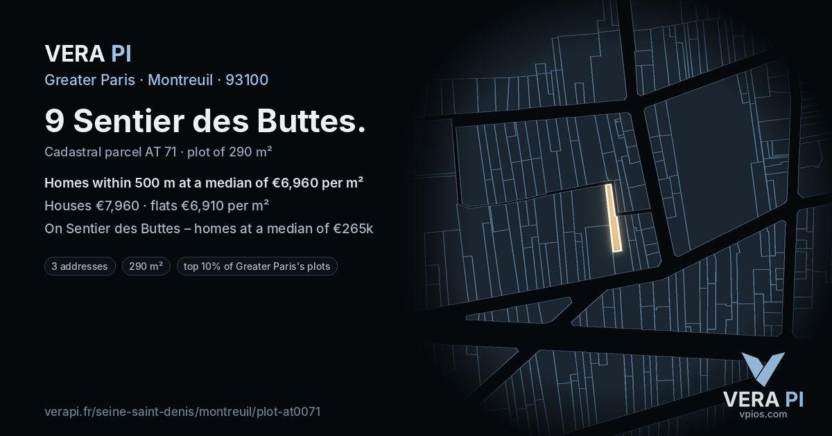 9 Sentier des Buttes, Montreuil at night – the plot lit, the parcels around coloured by the prices near them