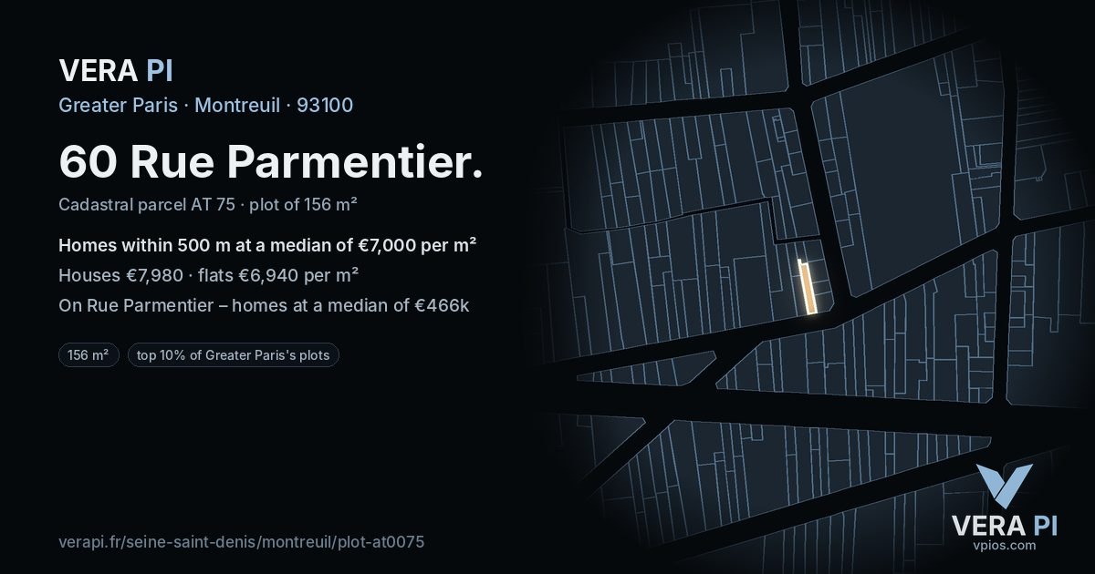 60 Rue Parmentier, Montreuil at night – the plot lit, the parcels around coloured by the prices near them