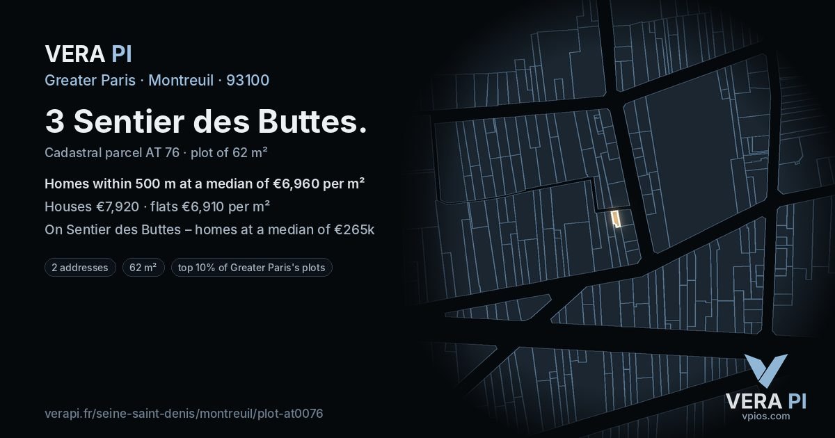 3 Sentier des Buttes, Montreuil at night – the plot lit, the parcels around coloured by the prices near them