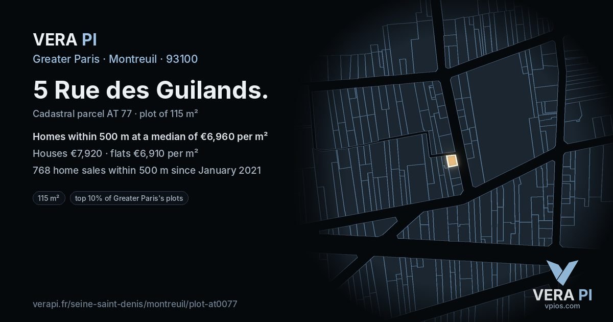 5 Rue des Guilands, Montreuil at night – the plot lit, the parcels around coloured by the prices near them